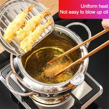 

20/24 Deep Fryer with Thermometer and Lid Household Tempura Stainless Fryer Pot for Kitchen Cooking Induction Cooker Gas Stove