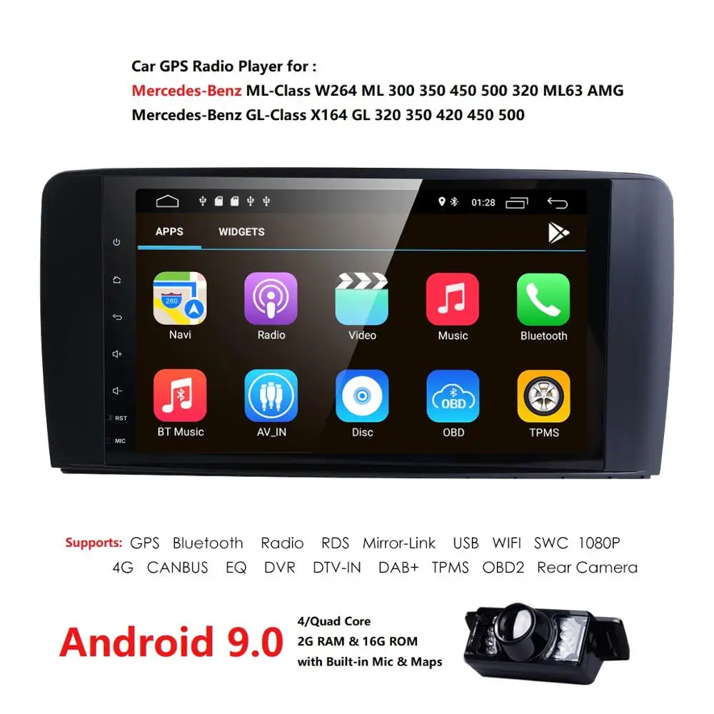 

9 "2 din android 9.0 autoRadio GPS Android 9.0 Car Multimedia Head unit for Mercedes Benz ML W164 ML350 GL X164 dinli 450 2005 -