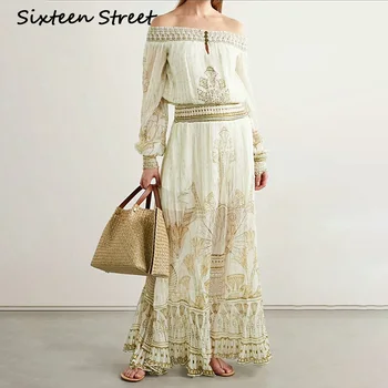 

2020 New vintage Woman Long Dress slash neck lantern sleeve elegant party maxi dresses elastic waist runway design vestido