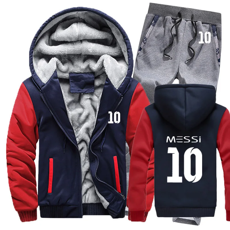 Зимняя мужская толстовка с капюшоном Messi 10 принт мужские s толстовки костюм толстый теплый флис хлопок спортивный костюм на молнии мужская куртка+ брюки комплекты из 2 предметов - Цвет: 803