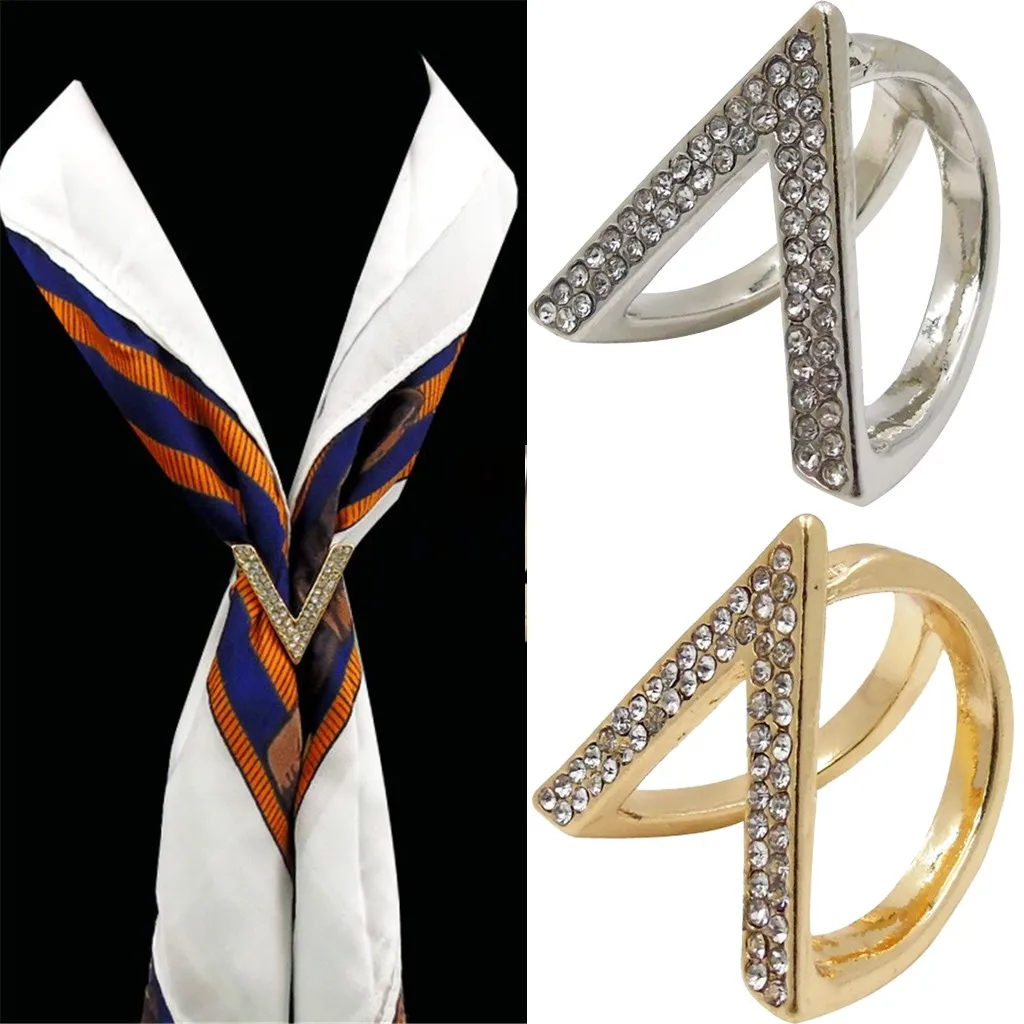 Fashion Women Diamond Shiny Metal V Shape Elegant Beauty Useful Scarves Buckle Denim Jackets Collar Badge Pins Button Brooch | Украшения и