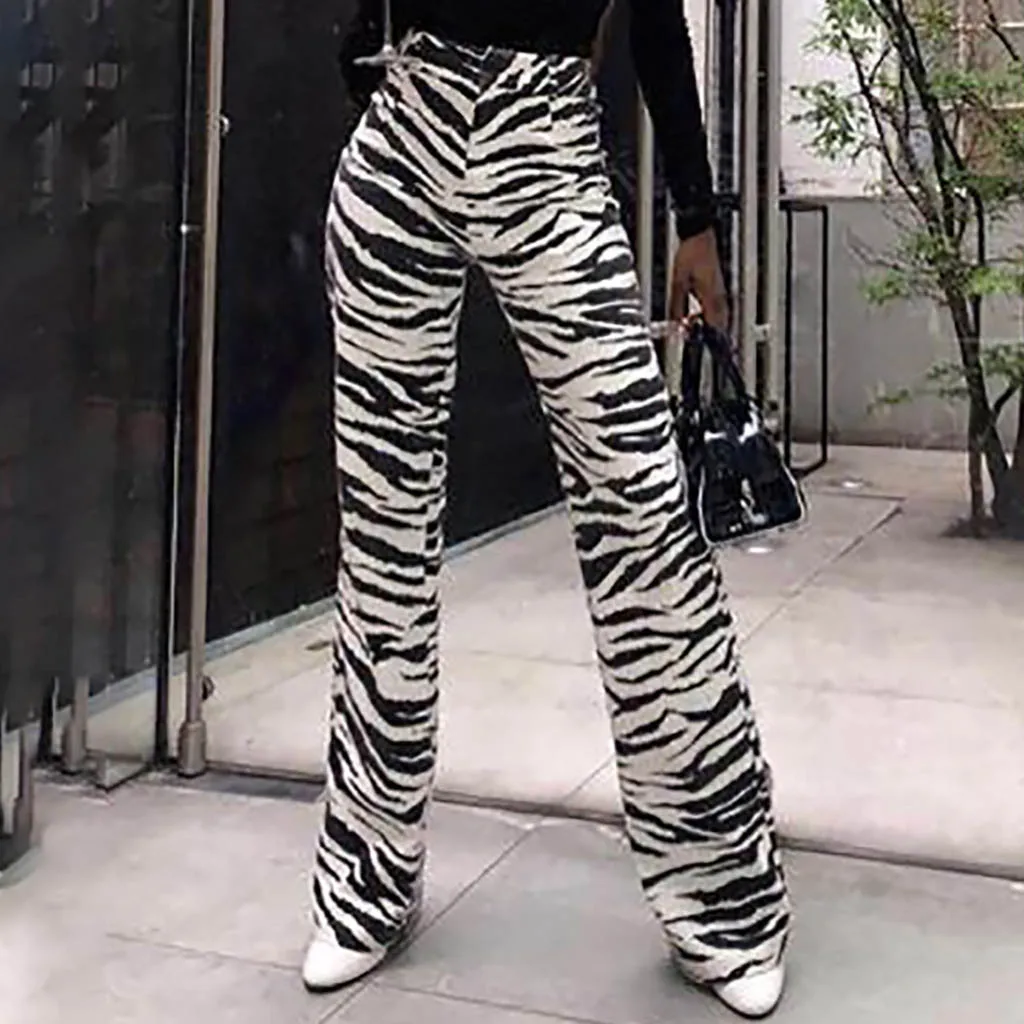 

Fashion Zebra Print Straight pants women Pattern Zipper Stripe High Waist pantalones mujer Casual Streetwear Trousers Pants