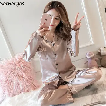 

Pajama Sets Long Sleeve Pants Women Turn-down Collar Rayon Silk Thin Slip Sleepwear Printed Korean Style Pyjamas Elegant Causal