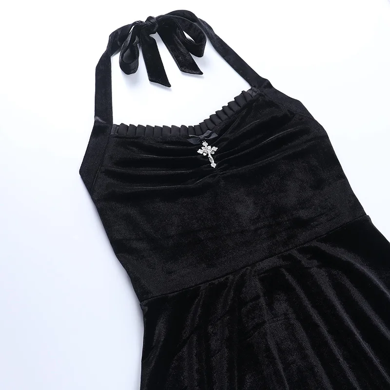Black Gothic Lady Velvet Mini Dress Summer Girl Empire Halter Lace-up Sexy Off Shoulder Dresses Strapless Lace Backless Vestidos