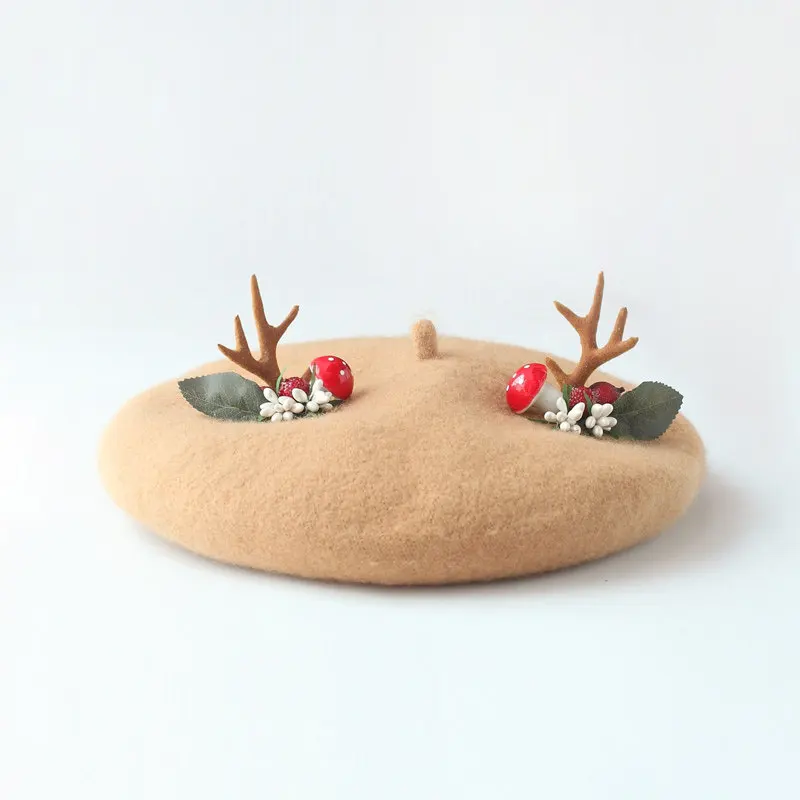 

1 pcs Christmas deer Beret girl's day department wool bud painter hat custom forest elk horn gift