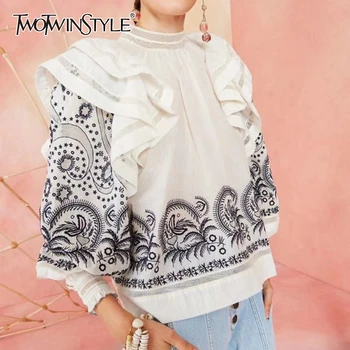 

TWOTWINSTYLE Eleagnt Print Women Blouses Turtleneck Lantern Long Sleeve Loose Hollow Out Shirts Female Fashion Clothes 2020 Tide