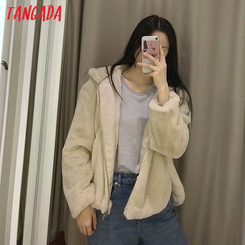 Tangada элегантное женское негабаритное пальто из искусственного меха теплая толстая молния зимнее теплое плюшевое пальто женское пальто 4M87