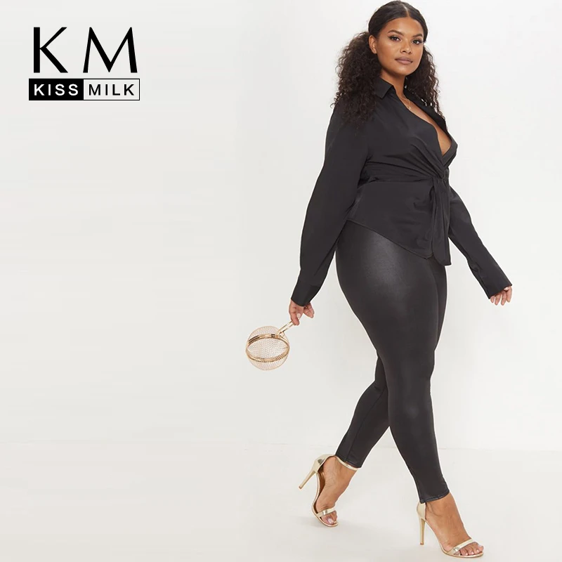 

Kissmilk 2019 New Fashion Women Large Size Deep V Long Sleeve Solid Color Temperament Thin Pleated Waist Top