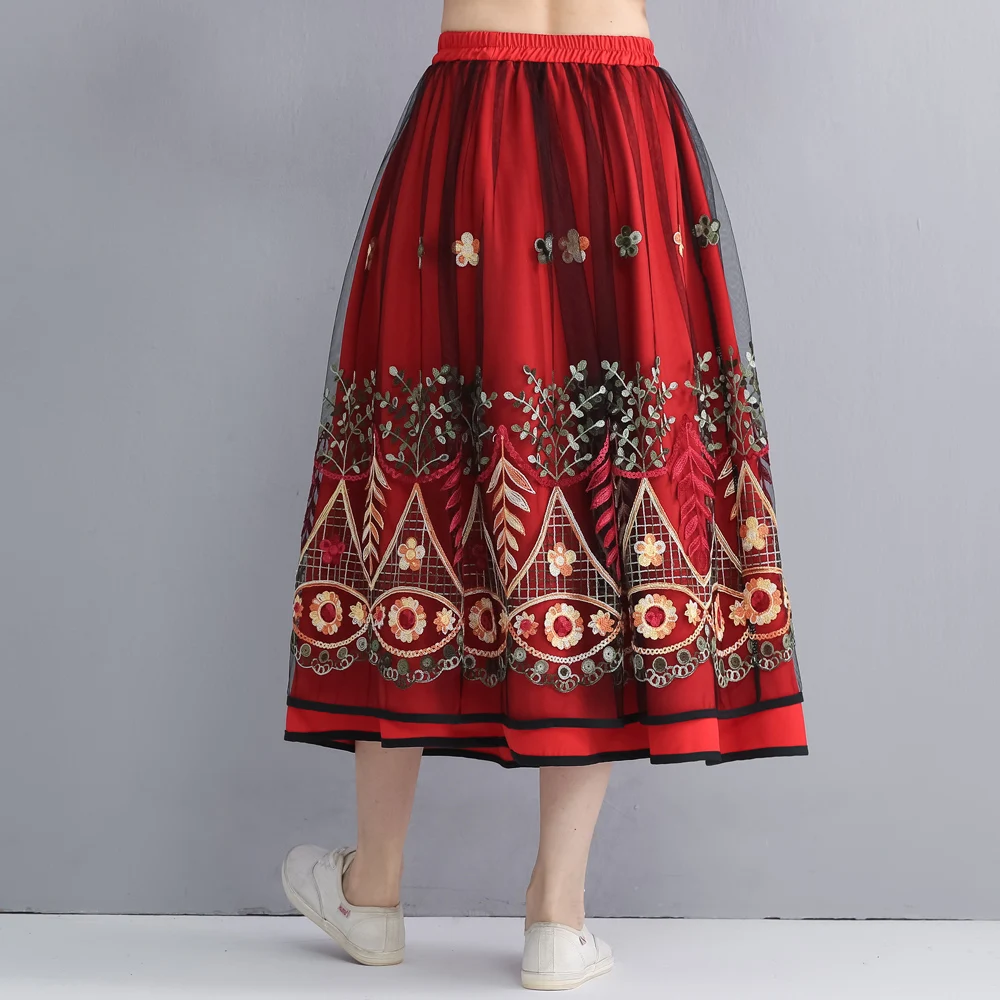 only skirt KYQIAO юбки женские осень весна Мехико стиль дизайнер длинный черный красный Вышивка трапециевидной формы юбка jupe femme - Цвет: only skirt