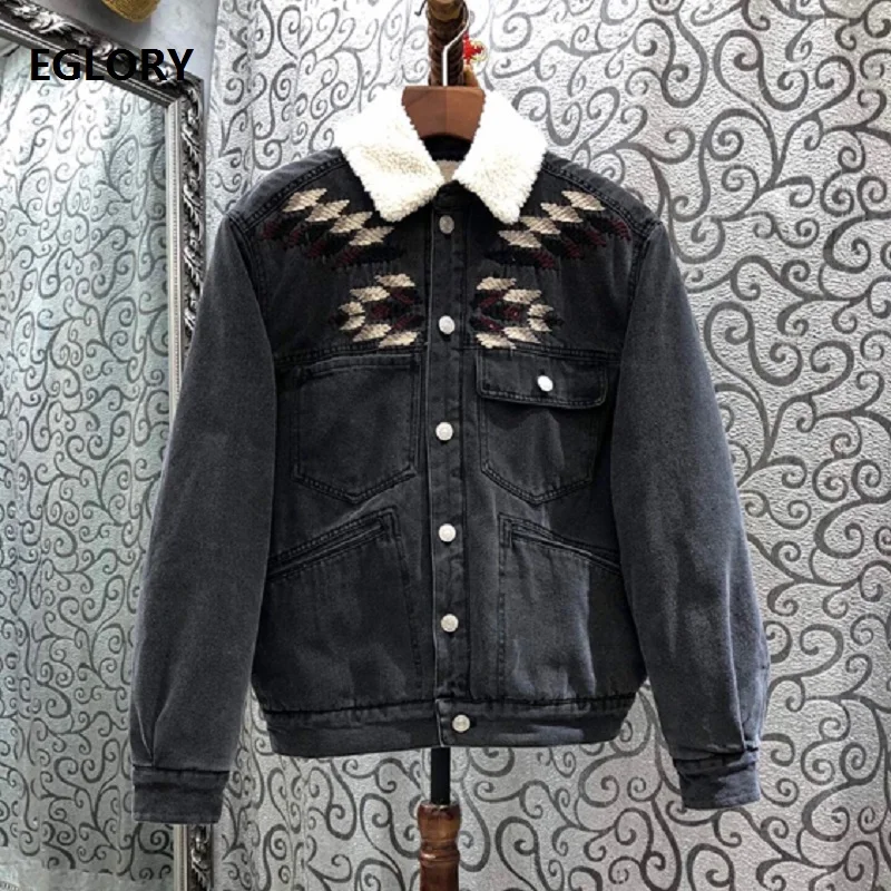 

Top Quality New 2020 Winter Fashion Denim Coat Women Turn-down Collar Vintage Embroidery Cotton Padded Warm Casual Jeans Coats