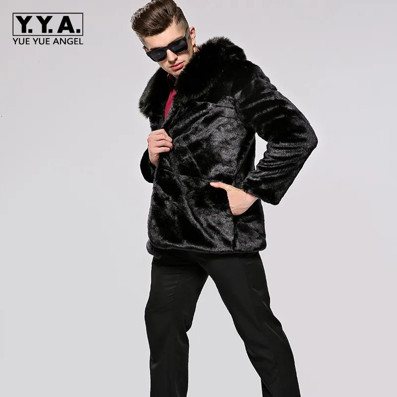 Europese Zwarte Faux Fur Jas Voor Mannen Faux Vos Bontkraag Mens Winter Warm Overjas Business Casual Losse Fit Uitloper jassen 3XL