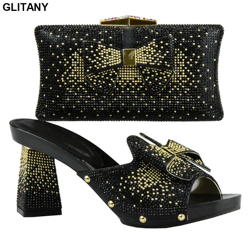 

New Arrival Black Color Nigerian Wedding Shoe and Bag Set Decorated with Rhinestone Sales In Women Matching Shoes and Bag Sets