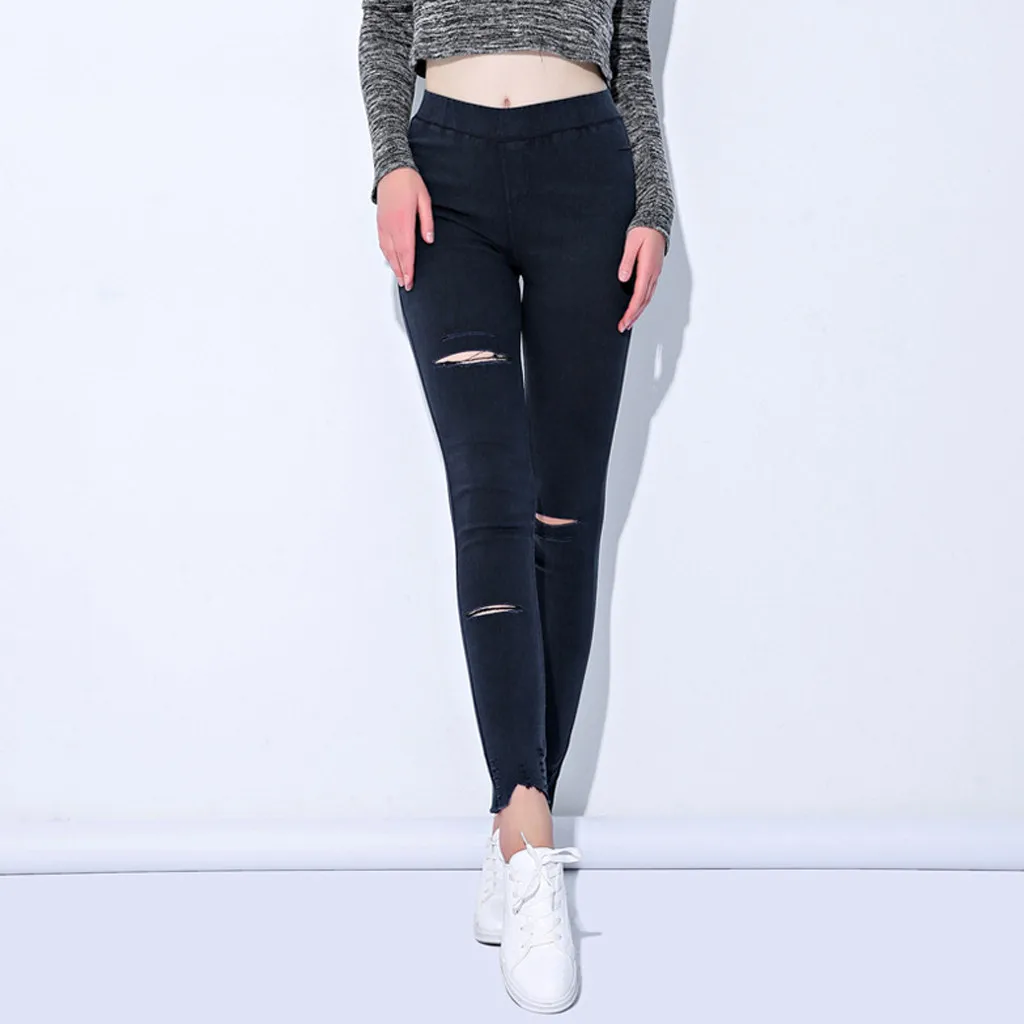 Джинсы с дырками размера плюс, женские джеггинсы, уличная одежда, крутые джинсы с высокой талией, узкие брюки-карандаш, женские черные брюки, M-5XL