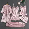 Sleepwear Female 5PCS Pajamas Set Satin Pyjamamas Lace Patchwork Bridal Wedding Nightwear Rayon Home Wear Nighty&Robe Suit ► Photo 3/6