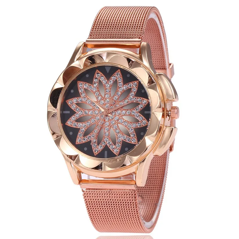 

Hot Selling Stainless Steel Net Diamond Set Ladies' Watch Fashion Petal Dial Simple Measuring Quartz Watch Wholesale