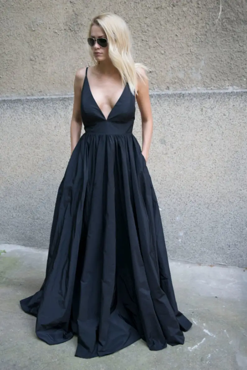

Taffeta Dress Evening Dress Long Dress Straps Dress Prom Dress Black Gown Romantic Dress Open Back Dress Strappy Dress Crossed S