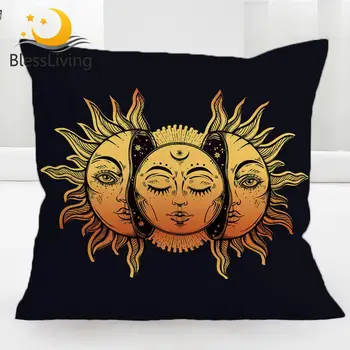 

BlessLiving Crescent Moon Pilow Cover Stars Celestial Pillow Case Retro Boho Cushion Covers 45x54cm Yellow Black Kussenhoes