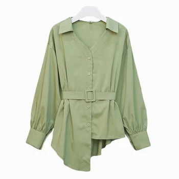 

JUAYKALA New Large Size L-4xl Women's Foreign Green Shirt Loose Shirt Irregular Black Shirt Office Women's Clothing (free Belt)
