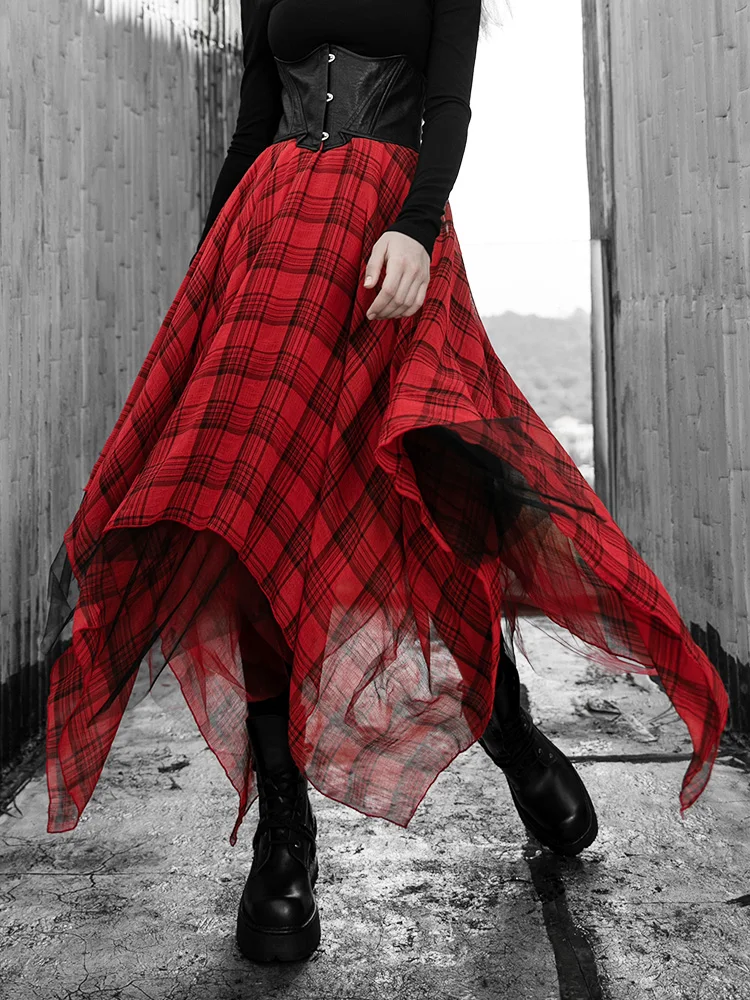

PUNKRAVE Dark Black Tide Brand Black Red Waist Multi-layer Mesh Chiffon Mesh Yarn Skirt Female High Waist Autumn and Winter