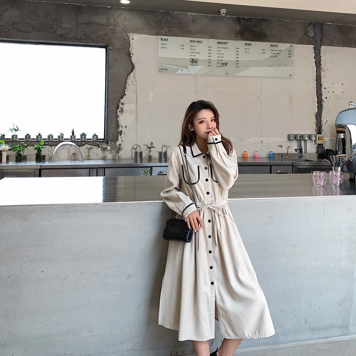 

Photo Shoot French Retro Covered Edge Long-sleeved Shirt Dress Women's 2019 Spring And Autumn New Style Waist Hugging Slimming E