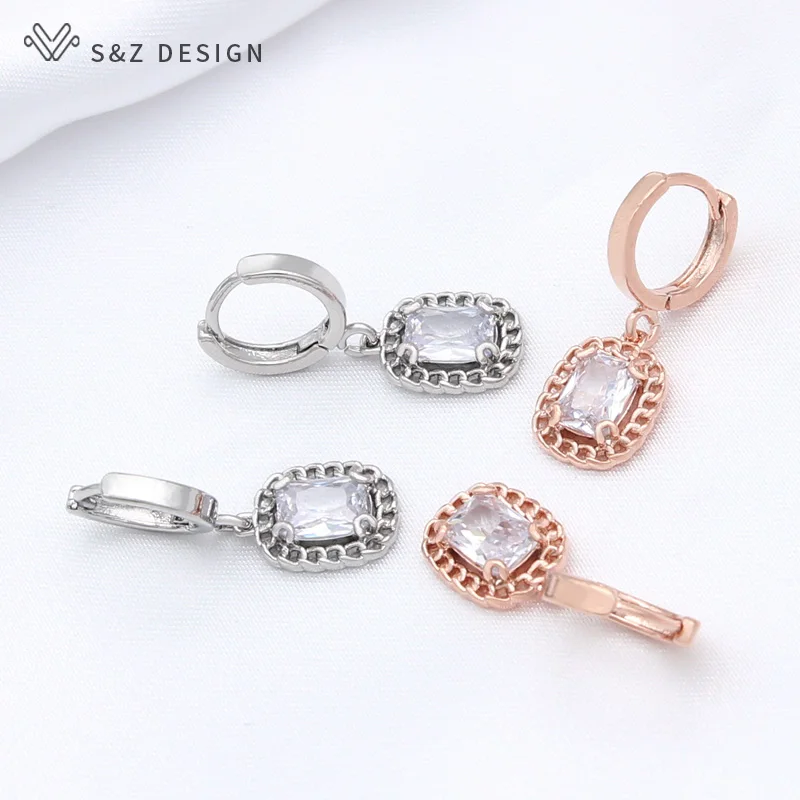 S&Z DESIGN New Cute Square Cubic Zirconia Dangle Earrings Jewelry Sets For Women Party Fashion Pendant Anti-allergy Necklace