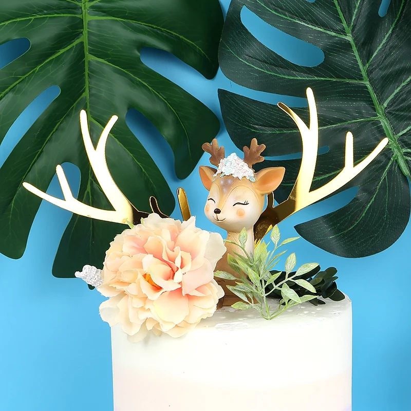 2Pcs/set Merry Christmas Cake Toppers Gold Silver Deer Elk Antlers Cake Topper for new year Party Handmade Cake Gift Decoration
