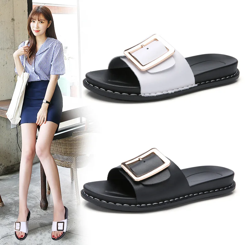 

New Style Summer Outdoor Casual Korean-style Women's Slippers Simple Anti-slip Wear-Resistant Students Soft Girl Square Buckle B