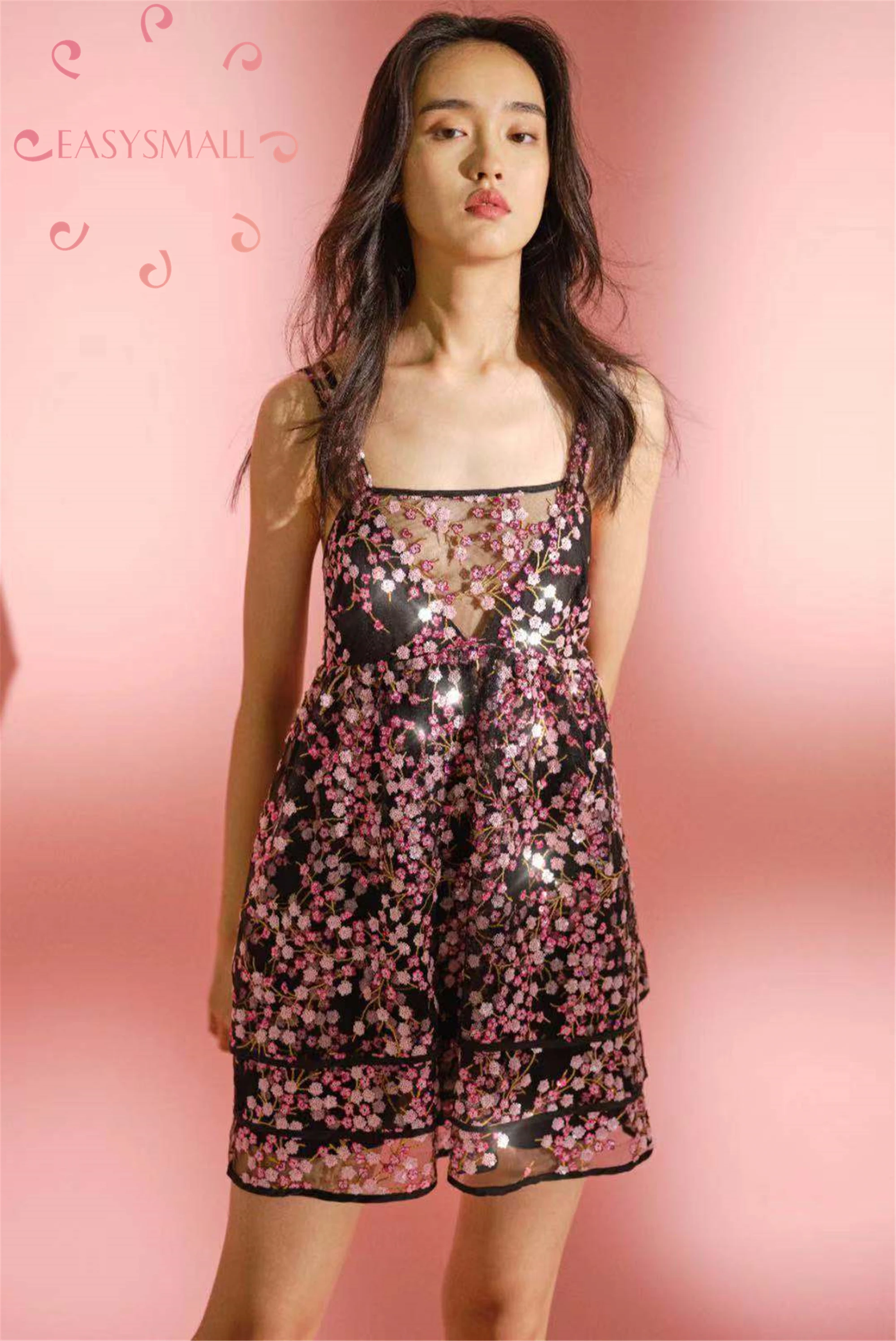 EASYSMALL For love lemons женское платье, расшитое блестками, цветочное на лямках, высококачественные вечерние короткие платья без рукавов с завышенной талией