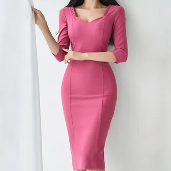 

Cross border women's wear 2020 new Korean celebrity temperament slim fit mid length Hip Bag fashion simple dress woman