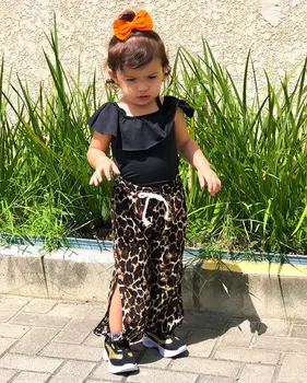 

Kids Baby Girl Loose Square Collar Short Flouncing SleeveStrap Shirt Split Leopard Printed Trousers Clothes