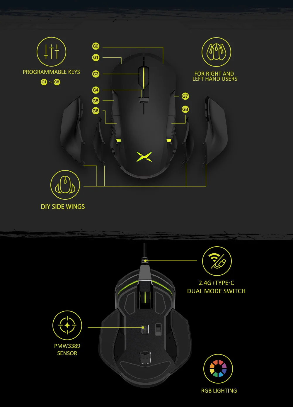 Delux M627 PMW3389 Wired+ Wireless Dual Mode RGB Gaming Mouse 16000 DPI 8 Buttons Left And Right Hand Mice With DIY Side Wings