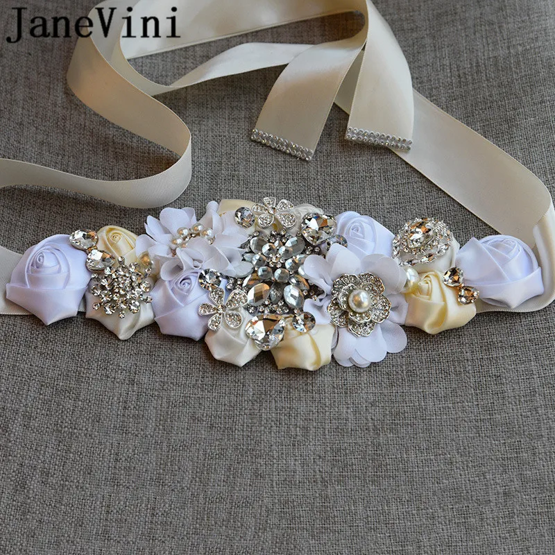 JaneVini Jewelled Rhinestone Belt for Wedding Dress Women Belts Pearl Satin Ribbon Sash Crystal Belt Bridesmaid Bride Waistband