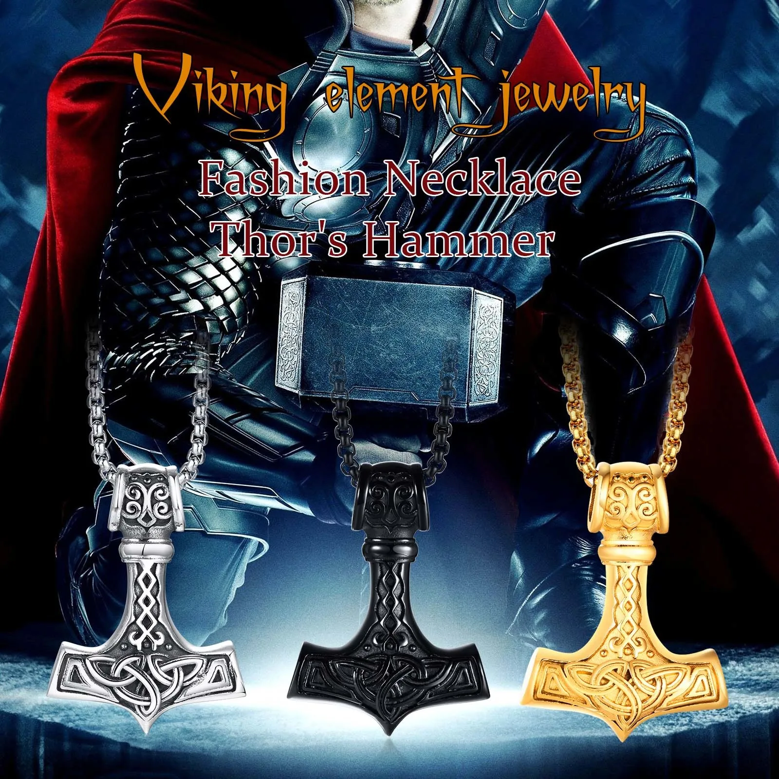 Vnox Vintage Men Norse Viking Necklaces,Rock Punk Retro Thor Mjolnir Hammer Pendant,Scandinavian Nodic Amulet Rune Neck Jewelry