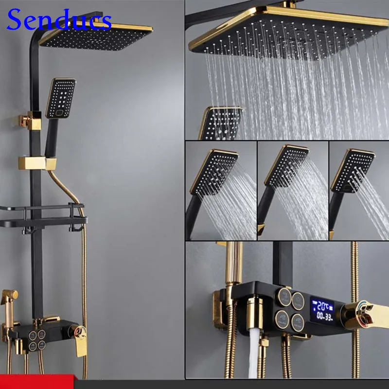 

Black Gold Thermostatic Shower Set Brass Bathroom Bathtub Faucets 38 Thermostatic Shower System Luxury Digital Bath Shower Set