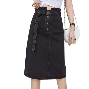 

Jeans Skirts Black Denim Skirts With Belt For Women Knee Length A Line Midi Ladies Spring Summer Korean Style Skirt Girl