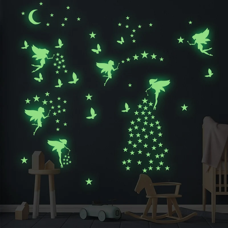 3 Pcs Glow in The Dark Fairy Decals Luminous Fluorescent Butterfly Moon Star Wall Stickers for Kids Nursery Girl Room Decoration
