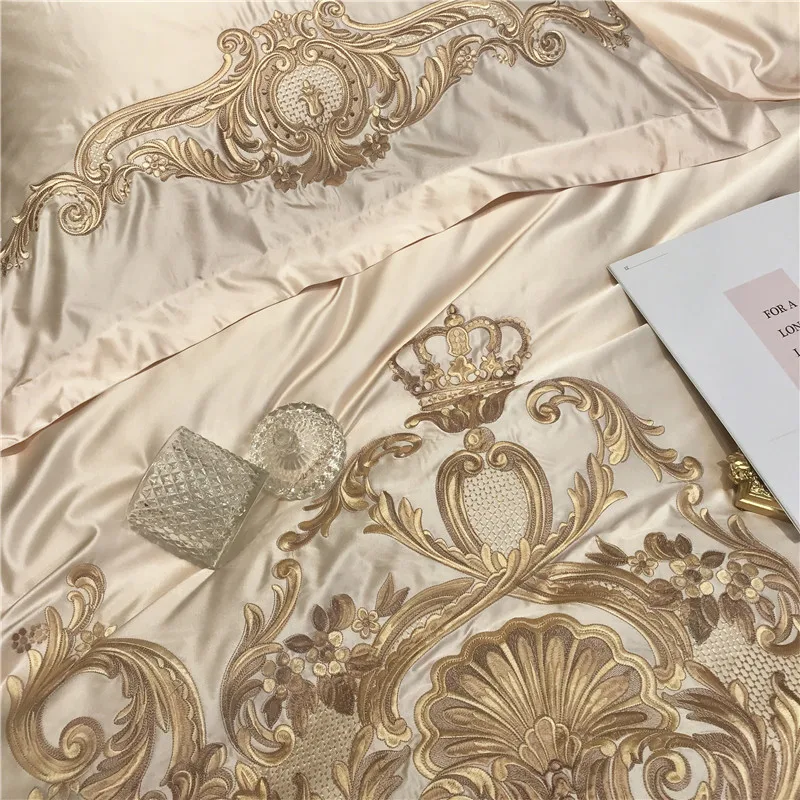 Luxury Super Soft Damask Sateen Egyptian Cotton Champagne Bedding Set 4Pieces Premium Chic Embroidery Duvet Cover Bed Sheet set 6