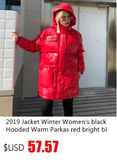 Женские зимние парки с капюшоном, пуховое пальто, высокая уличная мода, металлический цвет, Длинные парки, новая глянцевая Свободная верхняя одежда на молнии, YRF77