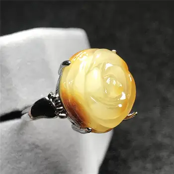 

16x15mm Natural Yellow Amber Flower Carved Ring For Woman Lady Man Beads Gemstone Silver Fashion Jewelry Adjustable Ring AAAAA
