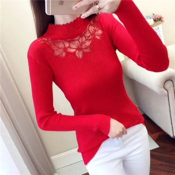

Women Winter half Turtleneck Rhinestone Sweaters Pullovers Lace Spring Sexy Hollow out Autumn Sweater Ladies Long Sleeve Jumpers