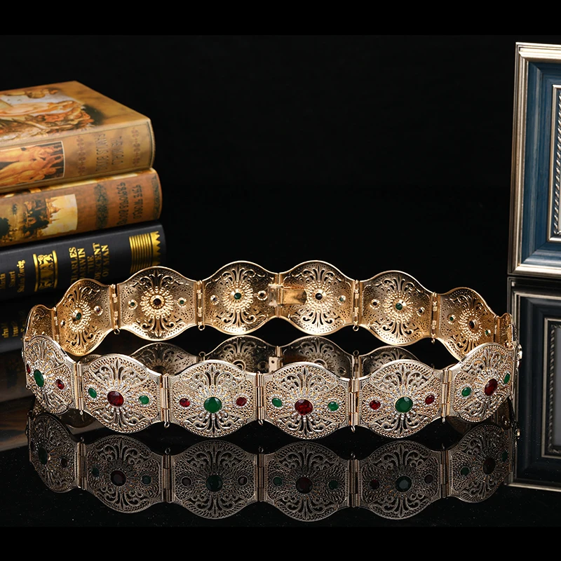 

Court Style Carving Metal Belt Bride Wedding Crystal Waist Chain Muslim Ethnic Caftan Belt Jewelry Hollow Flower Body Chain