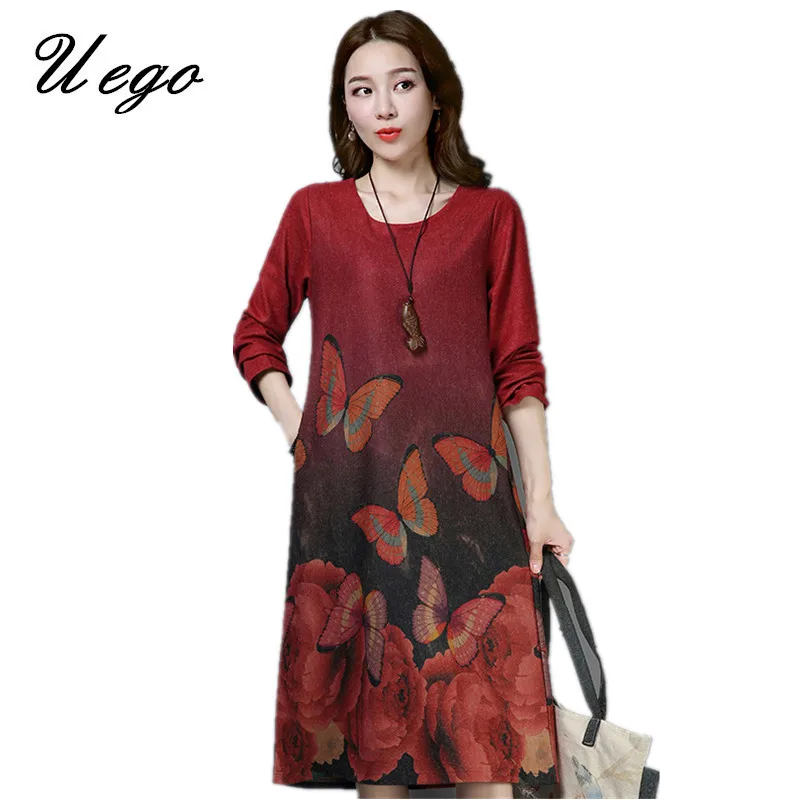 

Uego Woolen Autumn Winter Dress Print Floral Vintage Dress O-neck Plus Size 2019 New Women Casual Midi Party Dress Robes