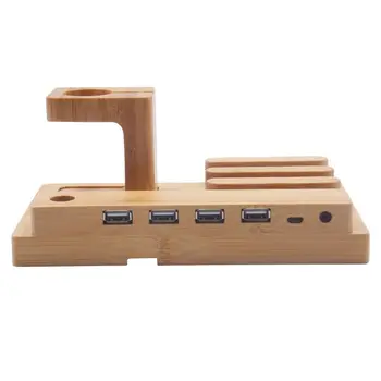 

4 Station Charger USB Phone Holder For IPhone Bamboo Wooden Charging Dock Charging Station Hold For Apple Watch