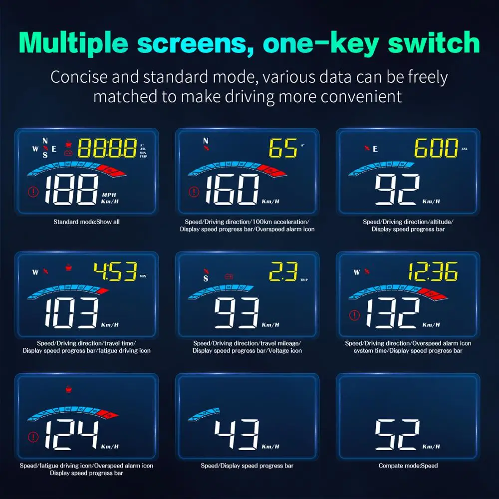 Universal M16 GPS HUD Car Head Up Display Digital Speed Projector Security Alarm Updated driving direction trip time KMH/KPM