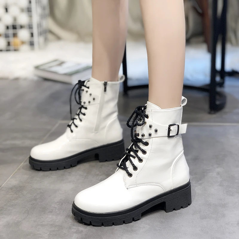 White Western Boots Cowboy Boots Women New Lace Up Leather Boots Black Ankle Boots Women Fashion Punk Combat Boots Platform