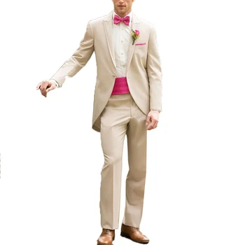 

Slim Fit Beige Groom Wedding Suit Jacket+Pants 2 Pieces Custom Groom Tuxedo Mens Business Suit Groomsmen Best Man Suit