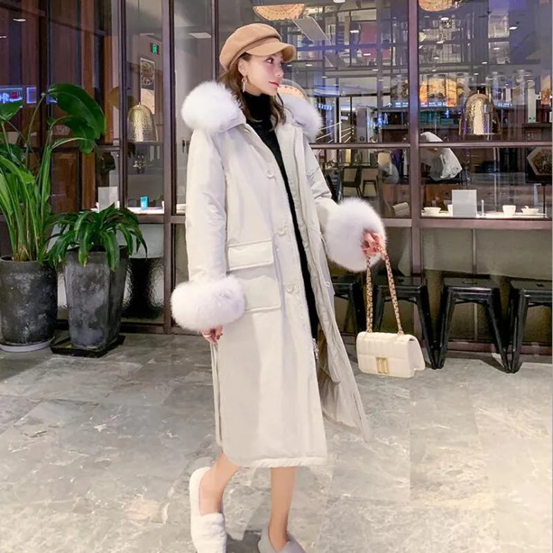 white duck down over the knee down jacket female winter long paragraph fox fur collar to send overcoat