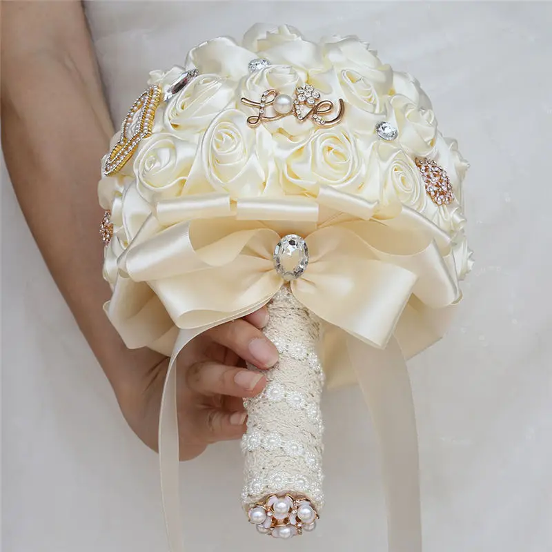 WifeLai-A 20CM Ivory Silk Rose Artificial Flower Bouquet Handmade Bridesmaid Bouquet Rhinestone Holding Flower Buque Noiva W373D