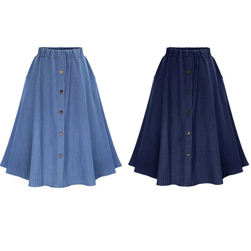 

Skirts Womens 2019 cowboy Knee Length Korean Elegant Button High Waist Skirt Female Pleated Spring Summer School Skirt
