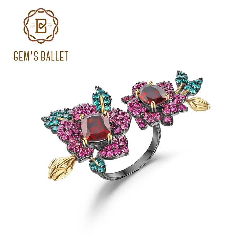 

GEM'S BALLET 925 Sterling Silver Adjustable Open Ring Natural Red Garnet Double Flower Handmade Rings For Women Secret garden